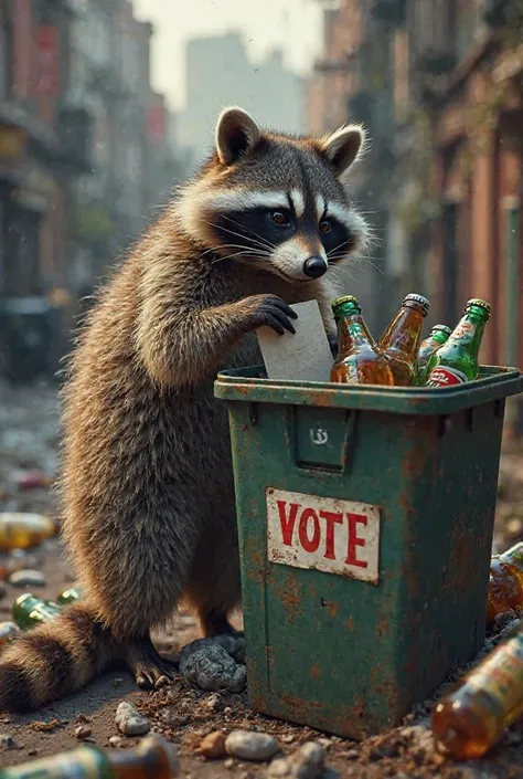 Let an image look like how the raccoon is voting a cover full of bottles in a garbage basket make this look real and it's done