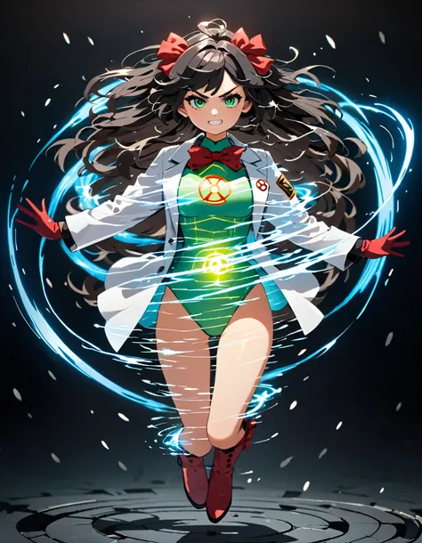 (masterpiece), (best quality), (high res), 4k, 8k, 1girl, solo, solo focus, tall body, scientist, mad scientist, ((white lab coat)), (green leotard), (red bow, hair bow), (bare legs), (ankle-high boots, red boots, matching boots), (gloves, green gloves, ma...