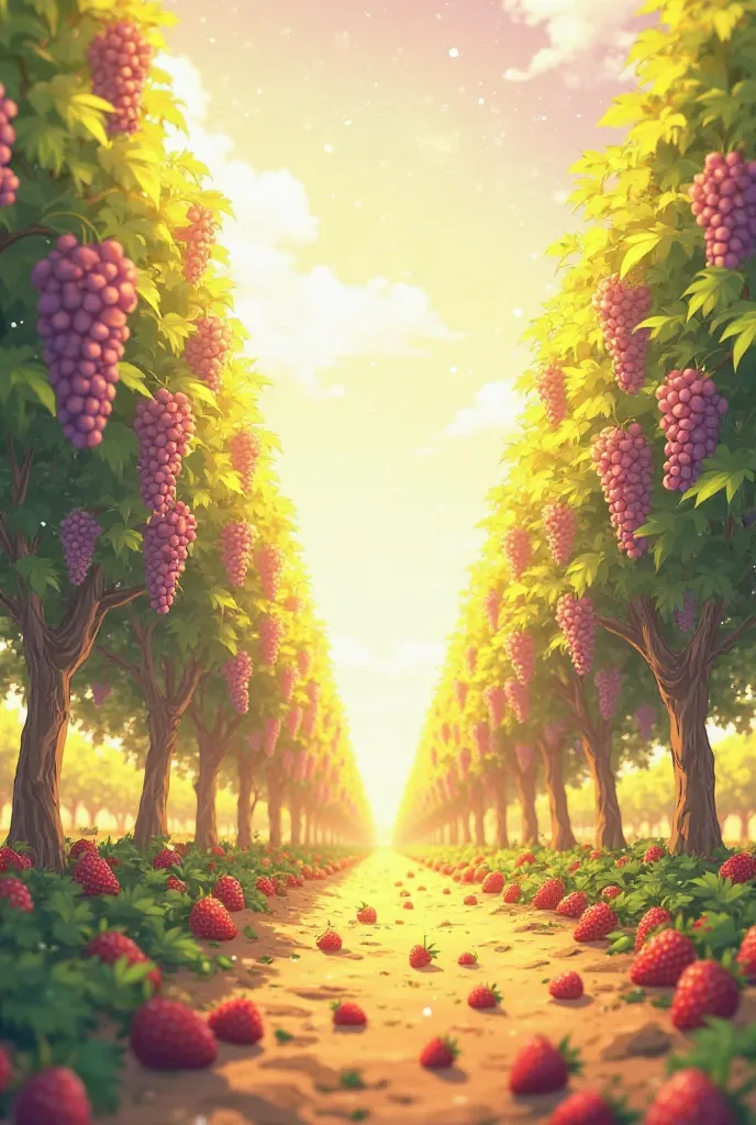 A beautiful anime-style vineyard bathed in warm sunlight. Clusters of pink and purple grapes hang from the vines, surrounded by lush green and golden leaves that filter the light, creating a magical, glowing atmosphere. Small light particles float in the a...