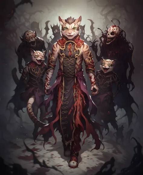 score_9, score_8_up , score_7_up , score_6_up, detailed, detailed eyes, detailed fur, male, tail, yan shu chi_nekojishi, evil smile face, blood full body, kill people, high quality, detailed background, masterpiece, unreal, horror, dead person, Chinese hor...