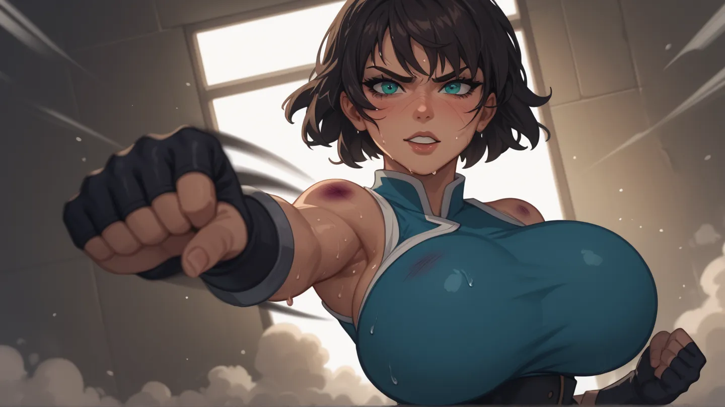 deep tan-skinned, thicc,well-built and muscular young woman of fair height with cyan-colored eyes and dark brown cropped hair, with two strands framing on the left side of her forehead, light blue,sleeveless kimono-like tunic with white trim lining coming ...