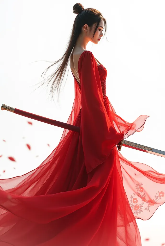 Create an image with a white background of a sword girl in a red dress