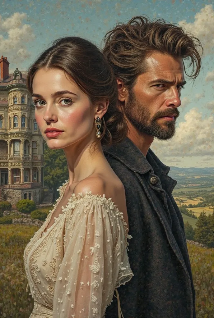 A Woman with a background of a vintage house and the other side is a man with a background of country side. They're far standing in both side