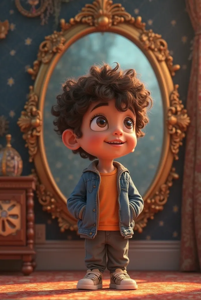 

The story of the magic mirror:
Grandpa started to say,  "Many years ago, there was a magic mirror, which revealed every lie..."
Ali (In 3D cartoon style, curly hair and big eyes began to shine more after hearing the story, wearing a blue jacket, orange t...