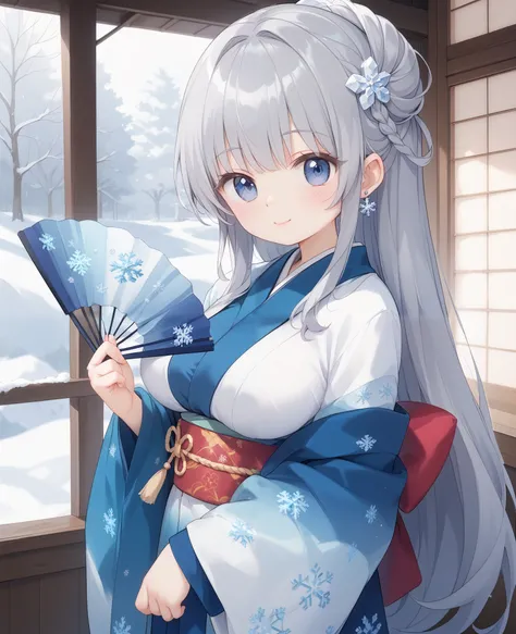 white retro modern kimono、 Snowflake decoration on kimono、long straight gray hair、 hair down、white flower and snowflake hair ornament、Sister、Soft and fluffy、Gentle、cute、Big Breasts、holding a blue fan in their hands、with snow falling on the background、 skin...
