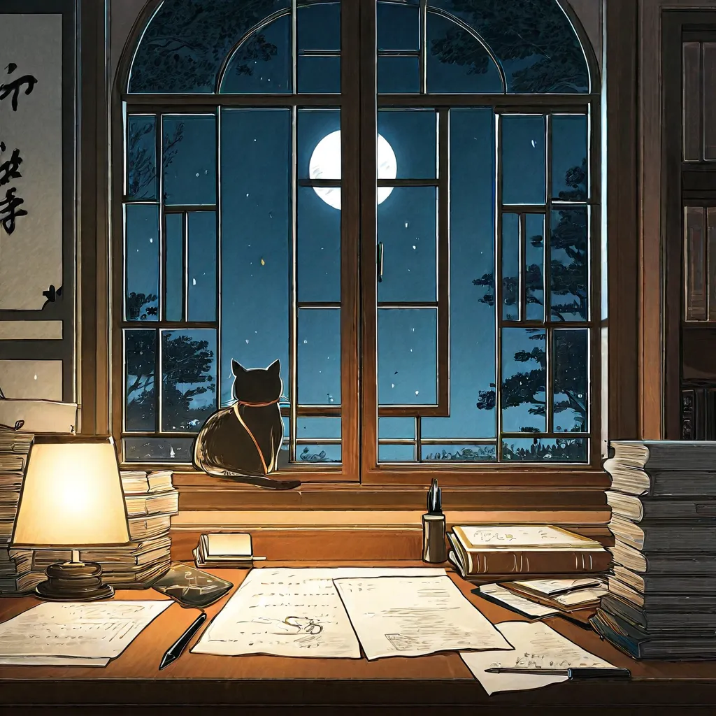 The beauty of Song Dynasty China，There was a table in front of her，There was a cat under the table。 There was a stack of books on the table，pen, ink and paper，：1.2， premium  ， large window ， multi-tree  ，There was a moon at night, it&#39;s raining outside 