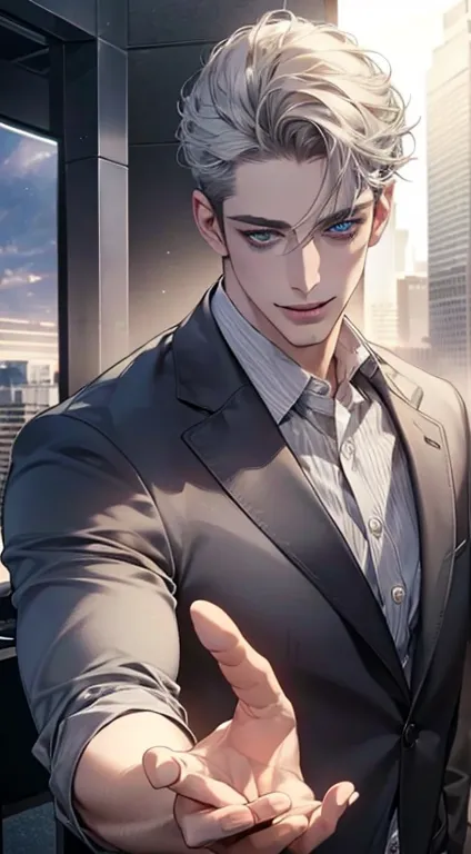 (better quality,4K,8k, highres,masterpiece:1.2),breasts,(Realistic,photoRealistic,photo-Realistic:1.37),1 man,31 years old,mature man,very pretty,  inexpressive,  smile, short gray hair,blue eyes,  penetrating look,no errors, stately posture,business perso...