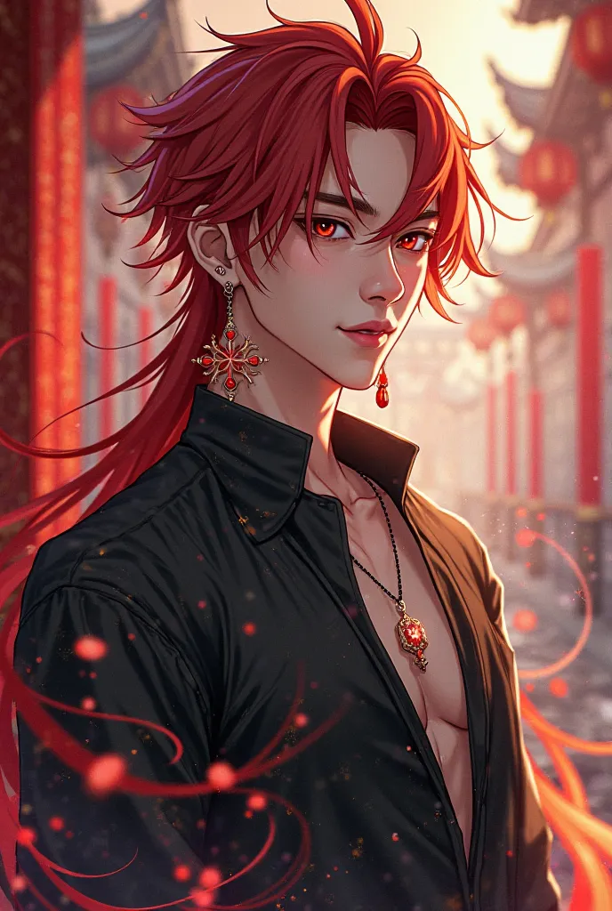 Character male character ager earrings long red hair and black shirt，White name capitalized BIEL anime theme，Chinese style，45 degrees，