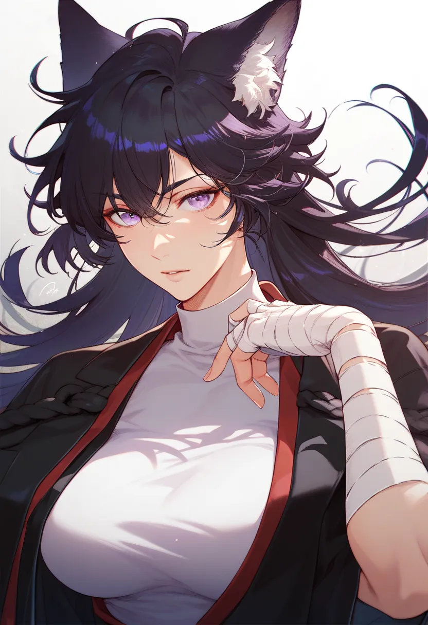 1girl, beautiful, black hair, messy hair, long hair, bangs, purple eyes, wolf ears, white skin, bit muscular, big breast, black outfit, bandage on her hand, manhwa