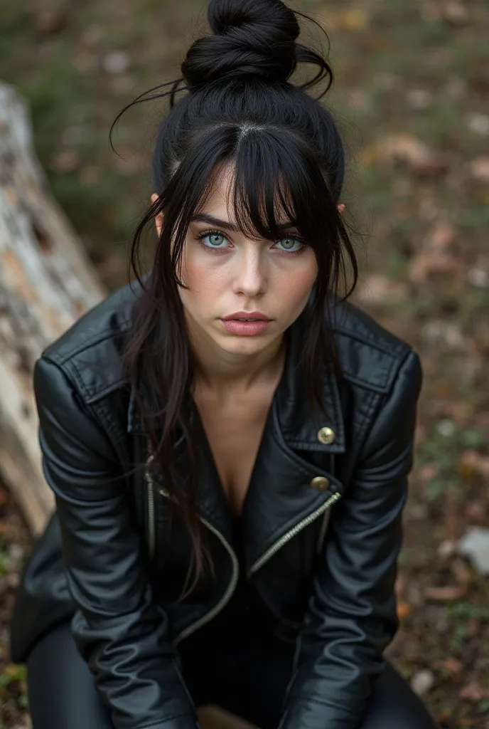 Photorealistic 40-year-old light-eyed woman with long black hair tied up with a high disheveled bun with bangs brushed sideways to her face wearing a black leather jacket sitting on a tree trunk 