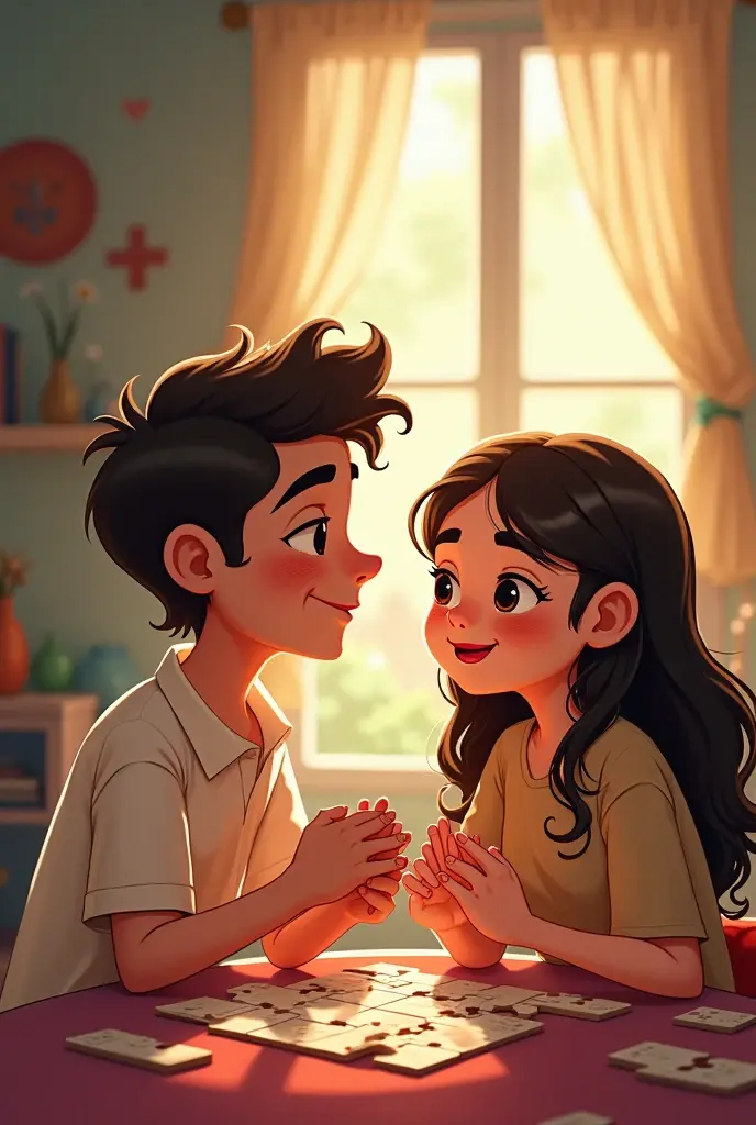 "A beautifully illustrated cartoon-style scene of a young man kneeling on the ground in front of a beautiful girl sitting on a chair. He holds her foot gently with both hands and gives it a soft, respectful kiss, conveying deep admiration and emotional con...