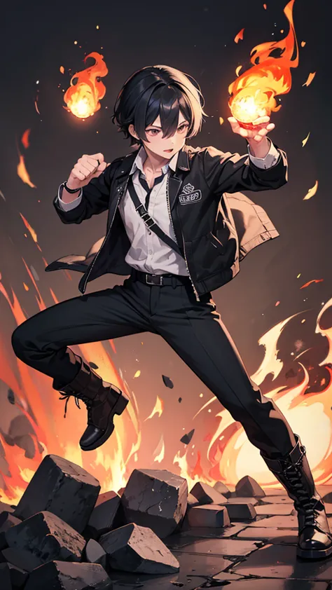 male、male性、maleの人、full body、Life size、wearing a shirt under a casual collared jacket、 black pants 、Strappy boots、Cool fighting pose、Flames are coming out of my hands 
