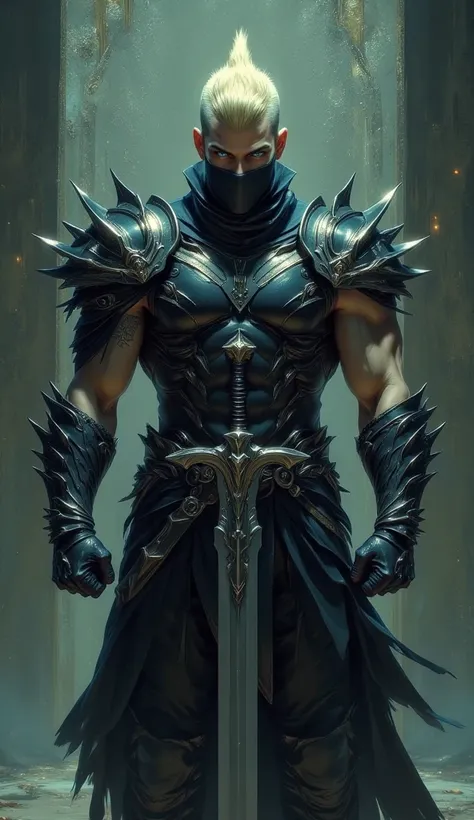  dark fantasy digital illustration shoot from a frontal camera angle about a muscular, muscular man with a mohawk hairstyle, wearing a black mask and spiked armor, standing confidently in the middle of the image, holding a large sword in his right hand. th...