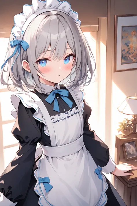 14years old girl, Gray hair, blue eyes, (French-maid dress:1.2), at home, medium hair, flat chest, cowboy shot, NSFW,inner color, Maid Head Accessory, 