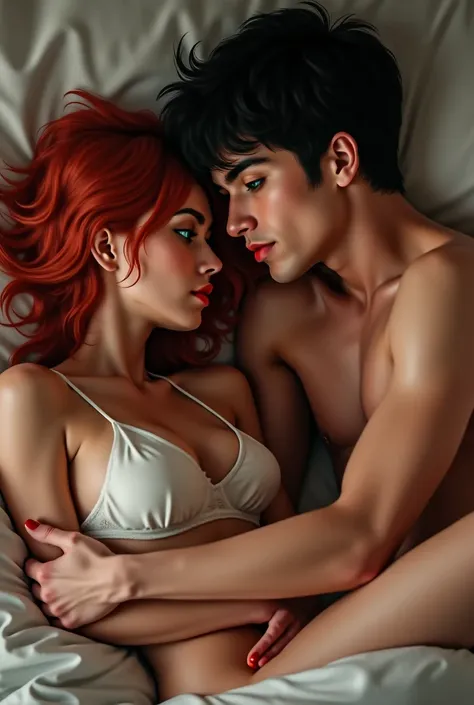 A girl with red hair and green eyes and a boy with black hair and black eyes having sex on a bed in the background of a tidy room