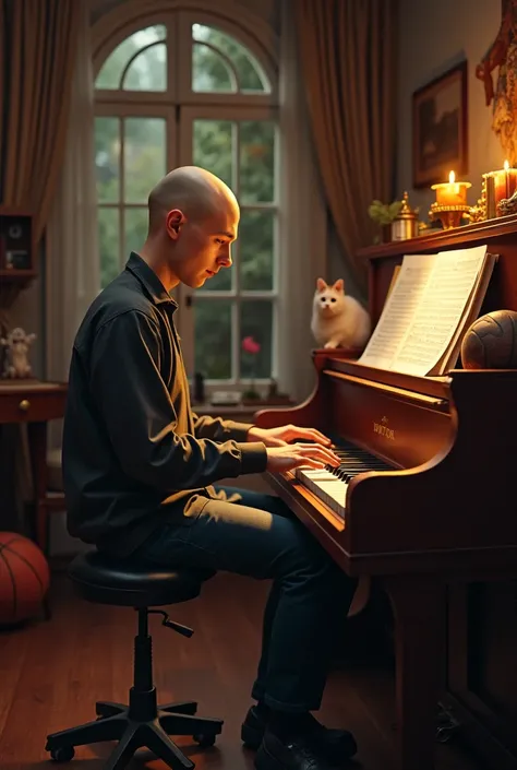 A 17-year-old (Bald and slightly fatter, not so much) ,  catholic , bicycle playing the piano in your cozy home, with elements like a speed bike, a cat, Sheet music, elements that refer to Christianity, Book of the Lord of the Rings, basketball ball, and c...