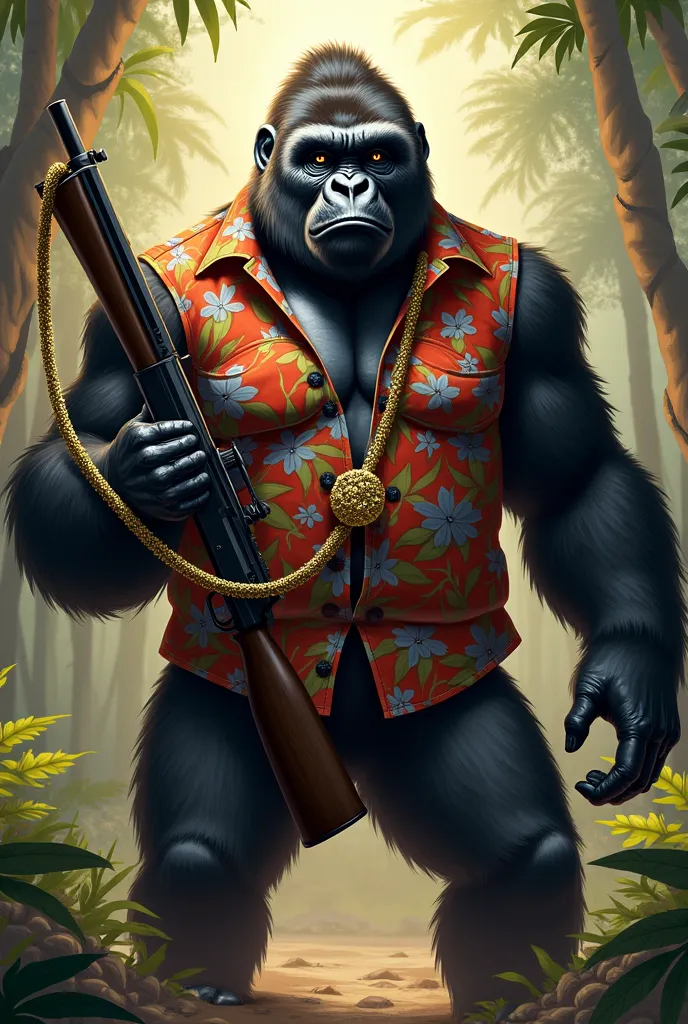 Gorilla wearing a printed Ruffo shirt and gold cord around the neck in her hand has a rifle 
