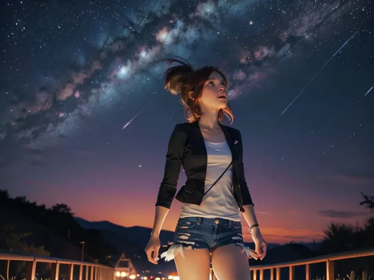 hilda, short hair, orange hair, Slim body,  small bust, pretty legs,  from the front, walking, looking up at the sky, cielo nocturno, milky way, Shining orbs