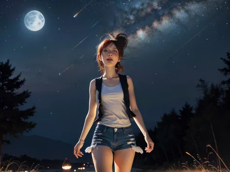 hilda, short hair, orange hair, Slim body,  small bust, pretty legs,  from the front, walking, looking up at the sky, cielo nocturno, milky way, Shining orbs