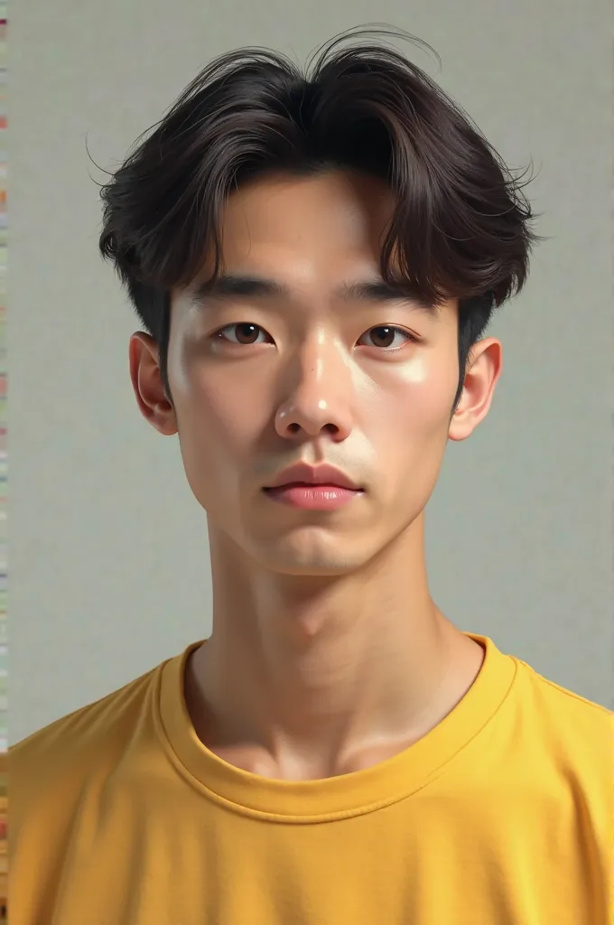 Create an ultra-realistic image of an 18-year-old man, dark brown hair, smooth,  with oriental traits , beautiful,  yellow t-shirt , 