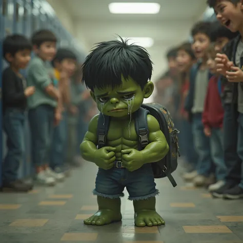 Little Hulk is holding the straps of his backpack he is sad tears falling from his eyes in a school corridor with everyone around him laughing 