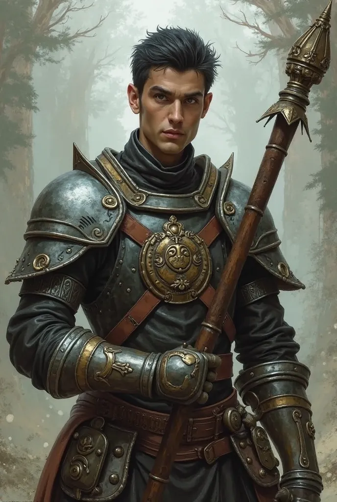 Please create an image of an ex-town guard in DND, who uses a flail, has dull green eyes, is 5’11, is slim but muscular, has short black hair, wears studded leather armor, and wears a helmet similar to that of the town guard in Skyrim