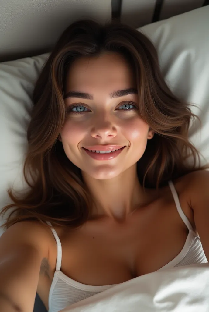 A hyper-realistic portrait of Elena Rivas, a young digital influencer, lying on her back on her bed. The shot focuses on her face and upper shoulders, capturing her as if she is taking a selfie from a relaxed position, with her phone placed above her, slig...