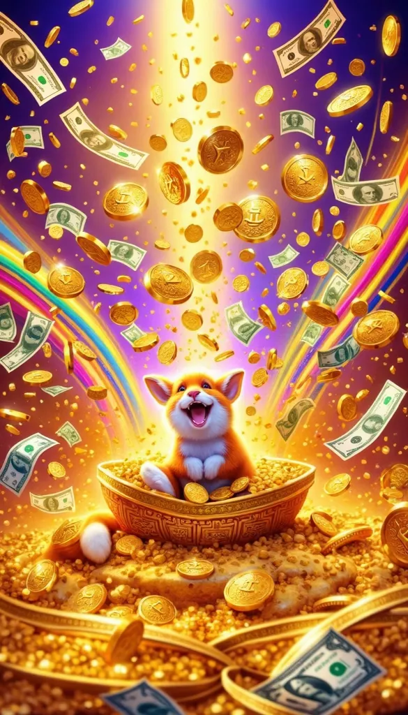 Gold coins and large dollar bills are flying in the air，a rabbit are holding coins and sitting on a pile of coins laughing，The ground was full of gold coins，Gems and large dollar bills