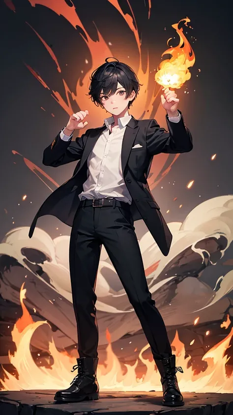 male、male性、maleの人、full body、Life size、Long legs、wearing a shirt under a casual collared jacket、 black pants 、Strappy boots、Cool fighting pose、Flames are coming out of my hands 