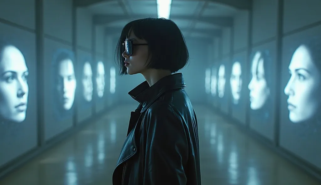 beautiful woman, short black hair, wearing a black leather overcoat and black sunglasses standing in an empty void, surrounded by holographic faces whispering questions, surreal, cinematic, cyberpunk. Ultra-realistic detailed image.