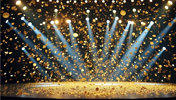 A vibrant celebration stage with golden confetti falling from the sky. The stage is illuminated by multiple spotlights casting colorful light beams. The background is dark, making the golden confetti and lights stand out prominently. The atmosphere is fest...