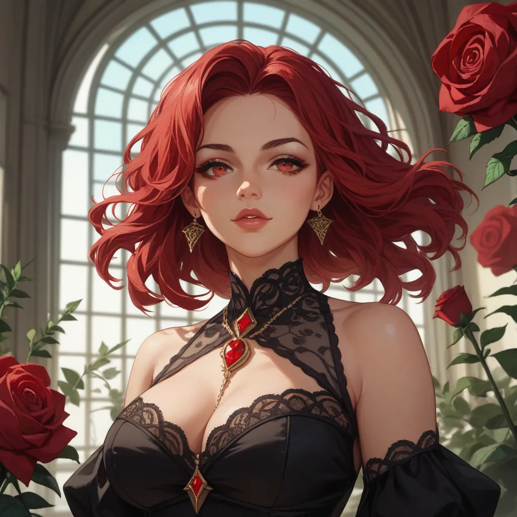 A woman in a round gold frame decorated with roses、red rose,A woman faces the front and smiles triumphantly 、long red  hair、 the wind is blowing 、 red eyes、beautiful、high quality、alone、black dress、devil