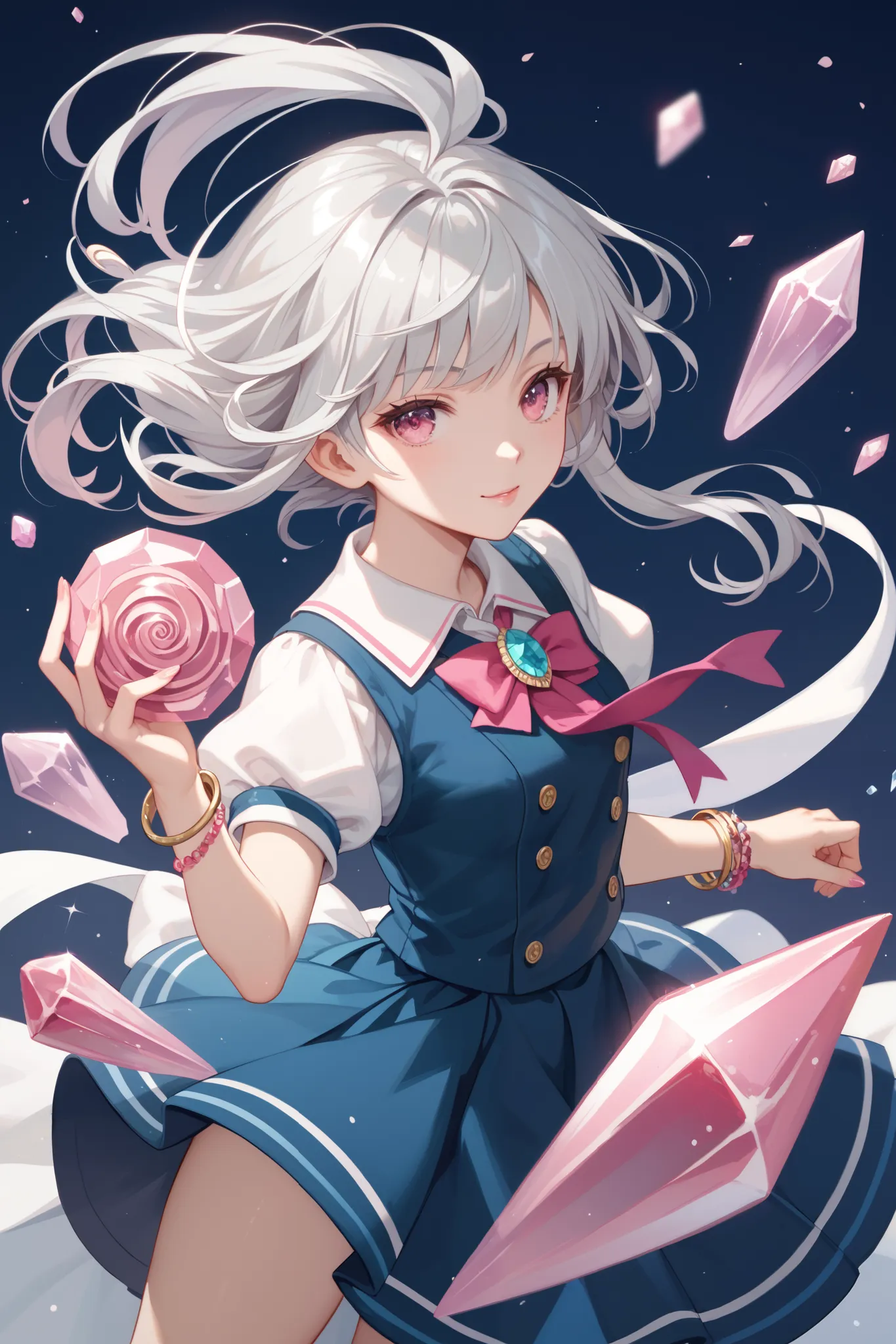 Anime style. Silver-haired woman with pink eyes like jewels, wearing a school dress like in the shugo chara story, has a bracelet made of sterling silver, with a light pattern like a wind spiral.
Distinctive features: In the center, the Embryo fragment is ...