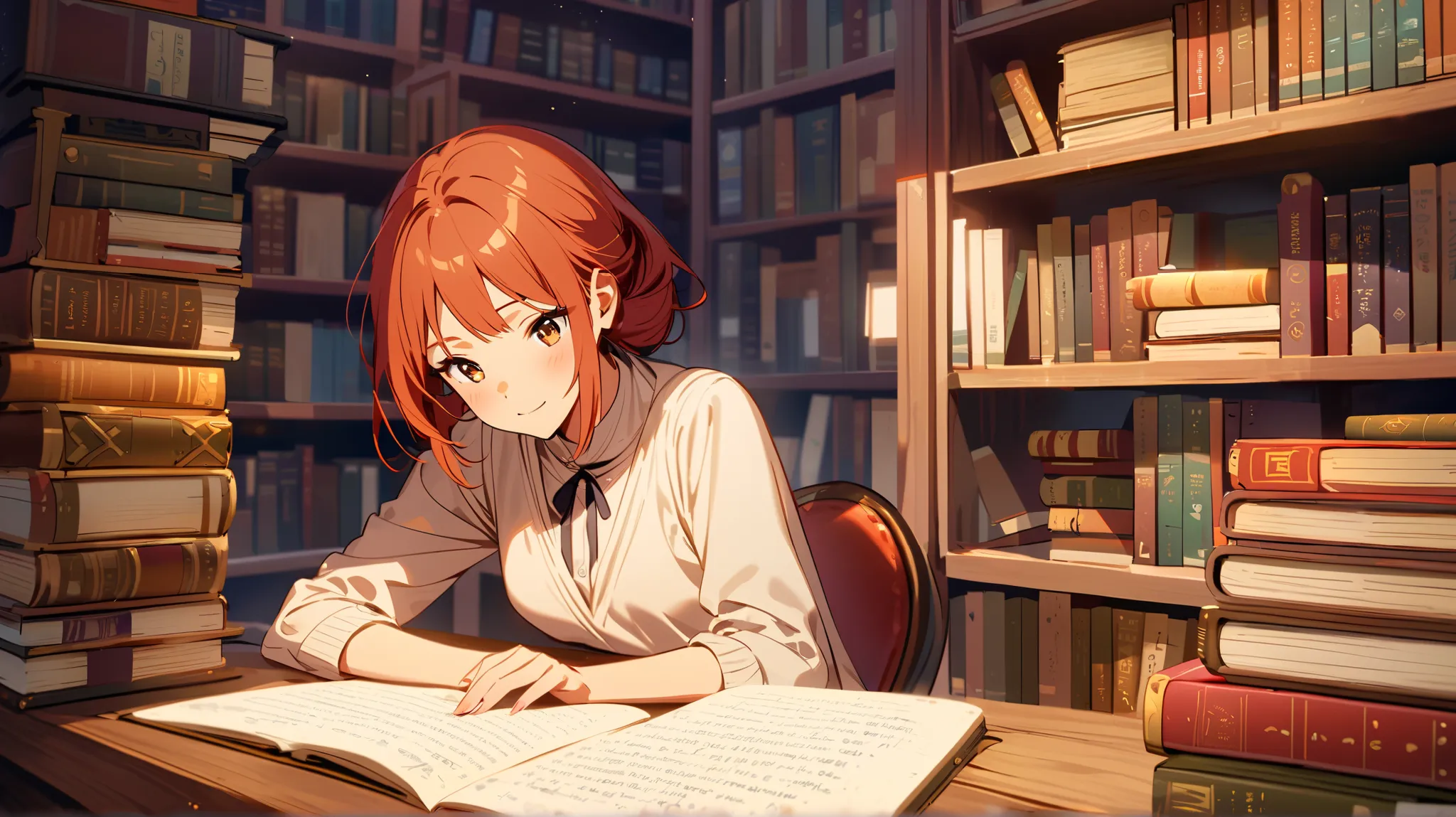  A writer sits beside a desk,  behind a bookcase with encyclopedias and books.  She has short straight hair, Red-haired hair,  light brown skin,  brown eyes, She is thin and smiles  