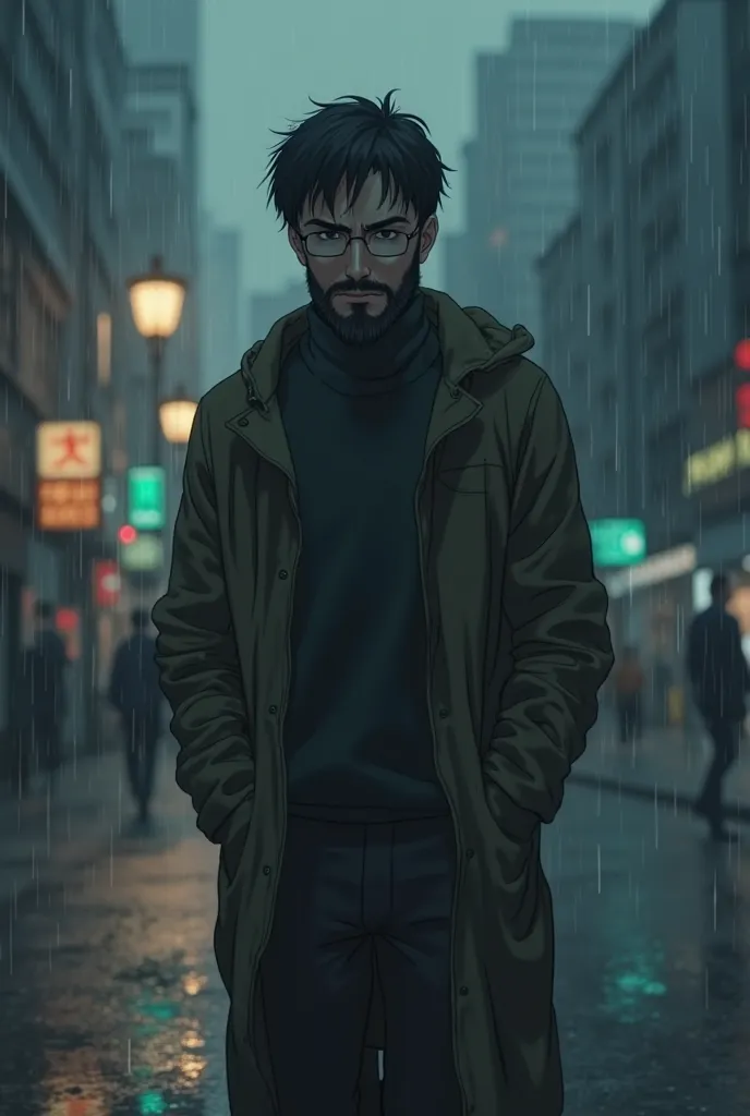 masterpiece, hurt and sad guy with short full beard and glasses, 2020s, anime, screencap, cinematic, ultimate details, --ar 16:9 --style expressive -- stylize90 --iw 0.75 --niji 5, : A man is standing alone in the rain, looking down at the ground. The worl...