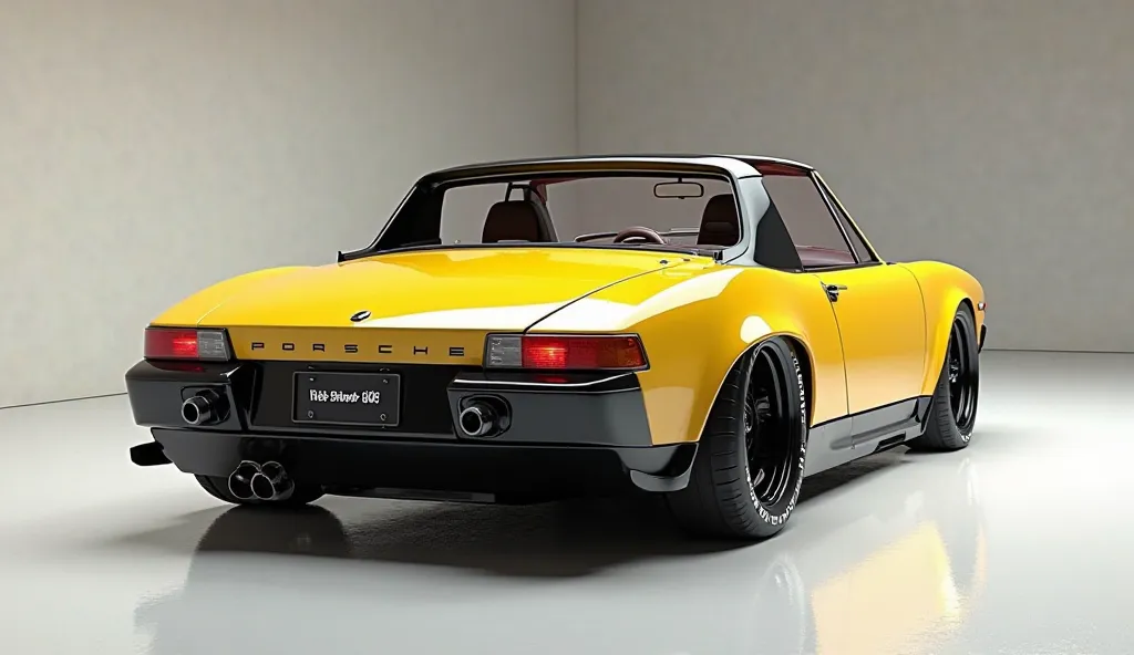 create an ultra-detailed 3D render  (close back view, )of a modern(2025 Porsche 914)with a bold designy  looking long like limousine captured from (Left )The car should feature a 'Gleamy oily (yellow) color and black accents with a (2025 Volvo S90 )logo on...