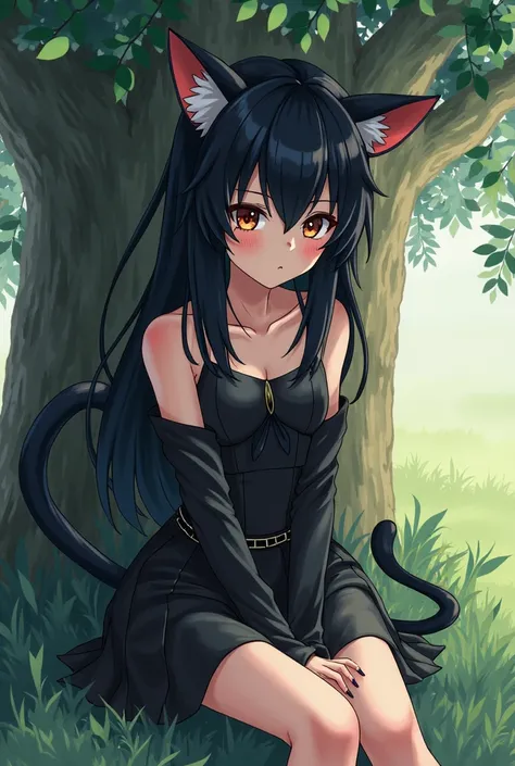 anime girl with black hair and black cat ears sits in a tree, anime drawing ,  inspired by Kusumi Morikage , pixiv, what is this?, black haired magician,  seductive anime girl , fox and bush,  very pretty anime cat girl , beautiful anime cat girl, Nobody R...