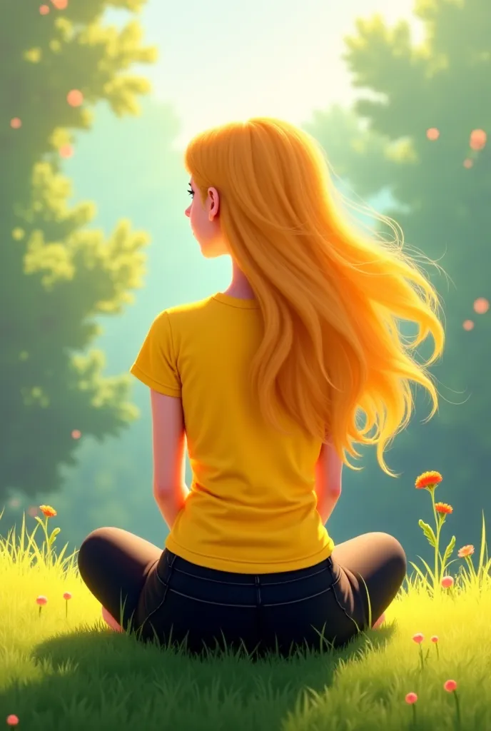 A 18 year old blonde long hair girl with a yellow t-shirt black pants Lululemon sitting on the grass from behind showing her lower back 2d cartoon 