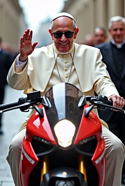 Pope Francis was seen riding a Ducati-style motorcycle inside the Vatican, wearing dark lenses, smiling, dressed in priestly garb, holding the motorcycle's handlebars with his left hand and blessing with his right.