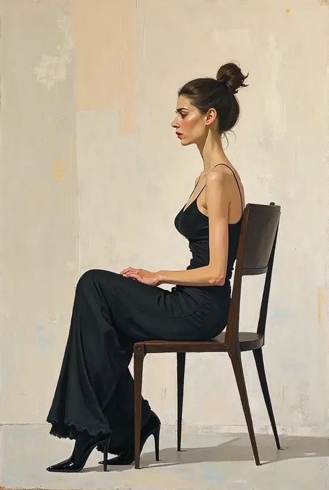 Imagine a minimalist contemporary artistic painting, woman sitting on a chair, Picasso style, 8k.