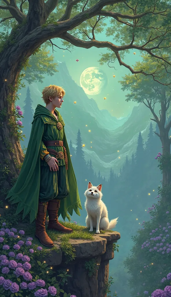 The map is made in fantasy style 

The centerpiece is a magical green forest , is a guy about 25 years old with short blond hair 
It's on the edge of a cliff .
a white fluffy fox jumps near him . lots of fireflies fly . 
A guy dressed in green jester cloth...