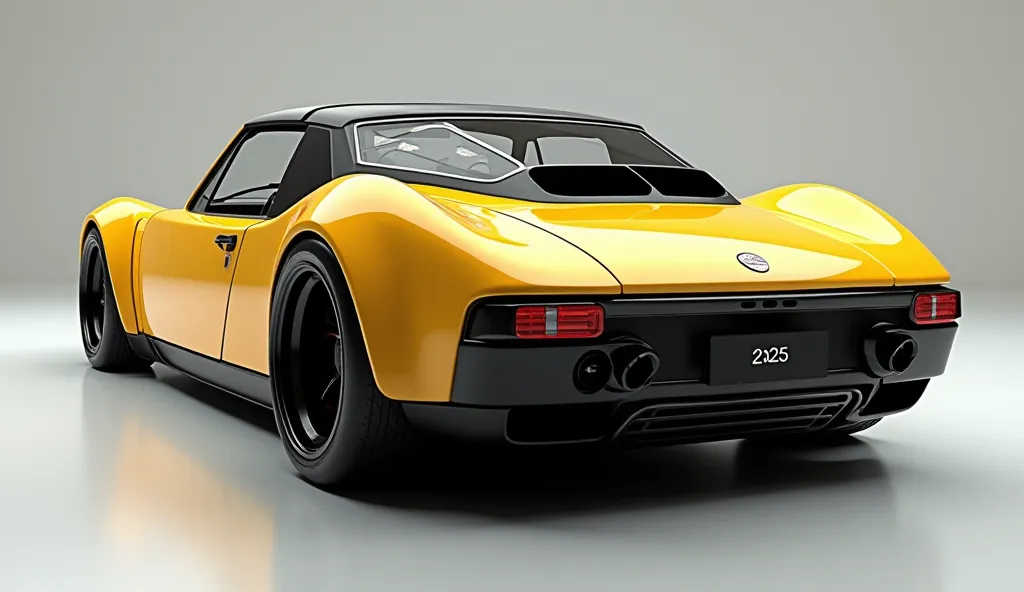 create an ultra-detailed 3D render  (close back view, )of a modern(2025 Porsche 914)with a bold designy  looking long like limousine captured from (back )The car should feature a 'Gleamy oily (yellow) color and black accents with a (2025 Volvo S90 )logo on...