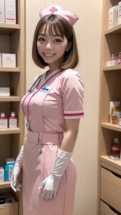 ((pink nurse uniform、nurse cosplay))、Medium breast、 layer style、blond hair、Straight Bob Hair、smile、white latex gloves、White Mask:1.1、smile、Standing in front of the medicine cabinet、greatest masterpiece:1.2、highest quality、Raw photo quality、super detailed d...