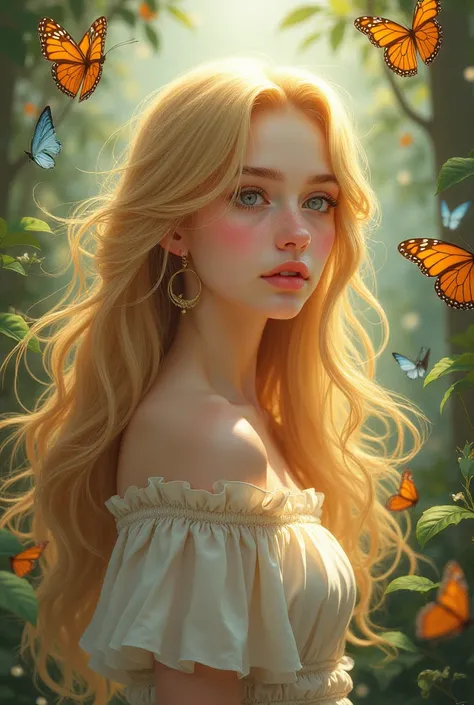 Beautiful Girl with Long Hair Blonde Girl and Fantastic Scenery Butterflies々and fairy tale anime illustrations