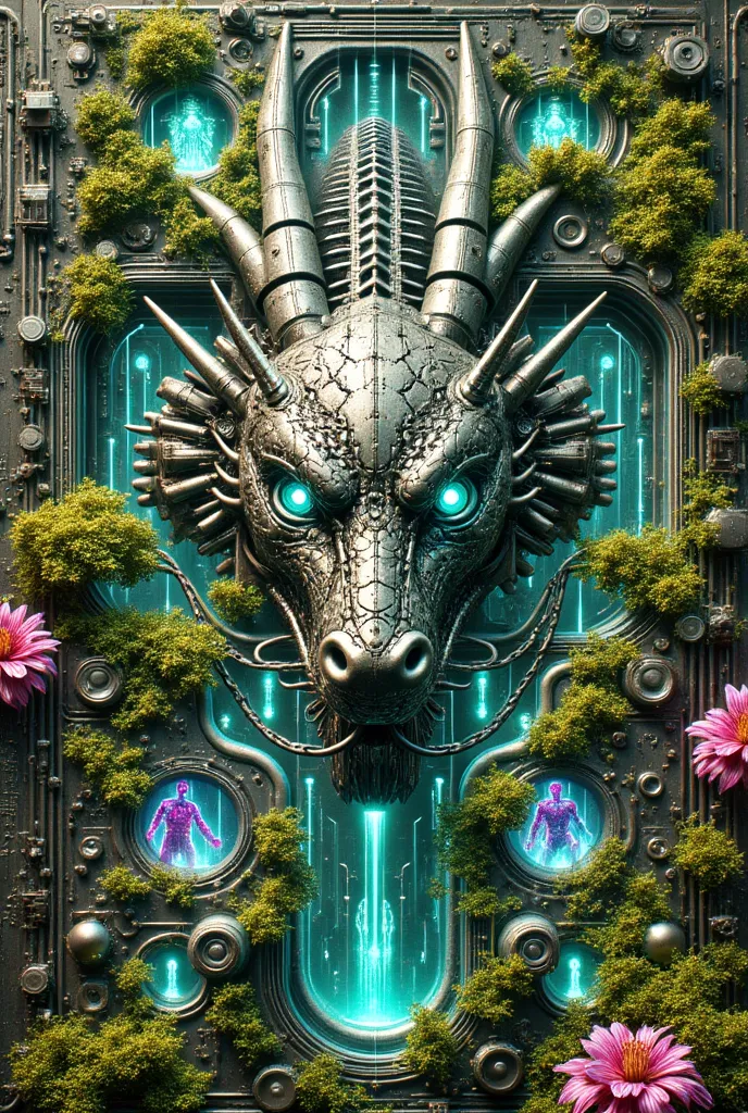 a stunning piece of bio-mechanical genre digital art, Components Details on Intricate Metal Circuits with Micro-Futuristic Details, Upright Symmetrical , Overall Circuit components form a giant Robot Human with a complete Robotic Dragon head resembling a m...