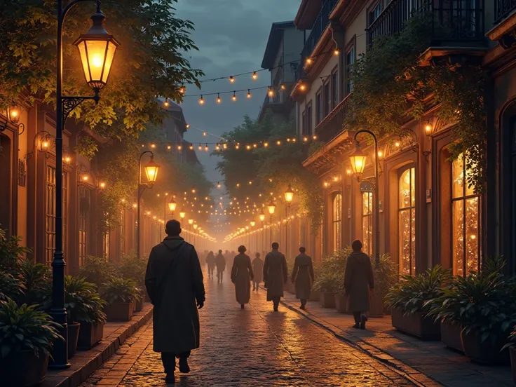 street at night. illuminated by lanterns  