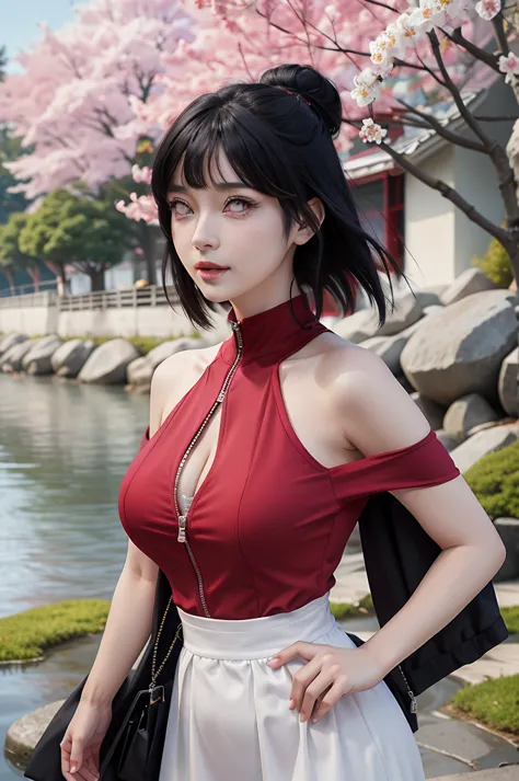 tmasterpiece， Best quality at best， 1girll， Hinata Hyuga ， Large breasts，Off-the-shoulder attire，（cleavage)，（upperbody closeup)，Raised sexy，is shy，ssmile，with black hair， long whitr hair， （Green eyeballs:1.4)， Forehead protection， the cherry trees，Cherry b...