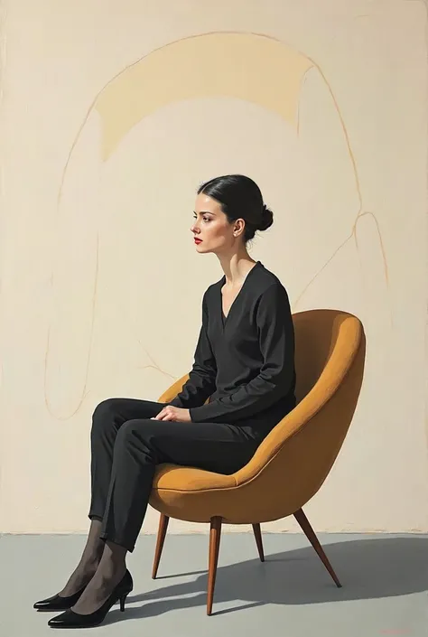 Imagine a minimalist contemporary artistic painting, woman sitting on an oval chair, Picasso style, 8k.