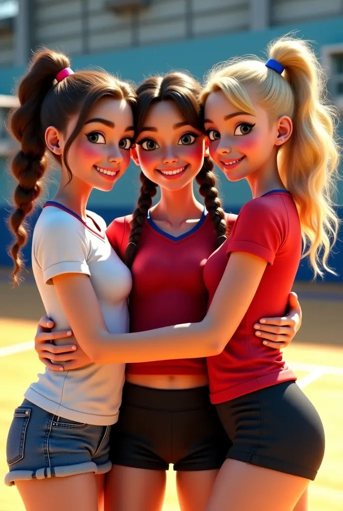 3 Caucasian girls, from the Russian under-16 volleyball team, Variation of poses, they are very good friends and they smile, They hug each other,  Whole body, Anatomically perfect body, marked muscles, curly brown hair and lenses, black hair, hair tied up ...