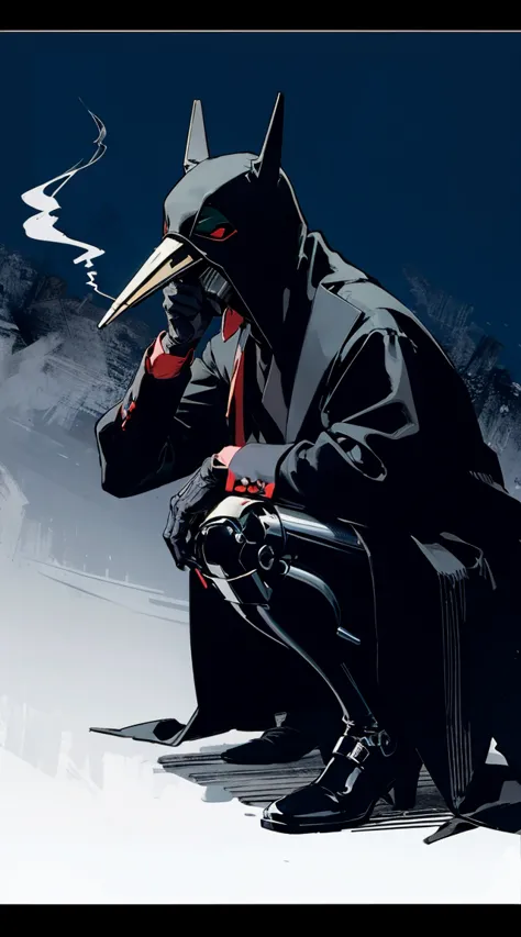 ,sinozick style, flat color, dark theme,mecha,plague doctor, raven mask, bird mask, steel hands, a guy squatting, a cigarette between his fingers, prosthetics instead of legs